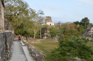 Die Gran Plaza am frühen Morgen mit Templo II im Hintergrund 