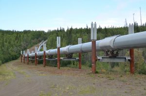 Trans-Alaska-Pipeline mit je zwei Wärmerohren in den Befestigungspfeilern